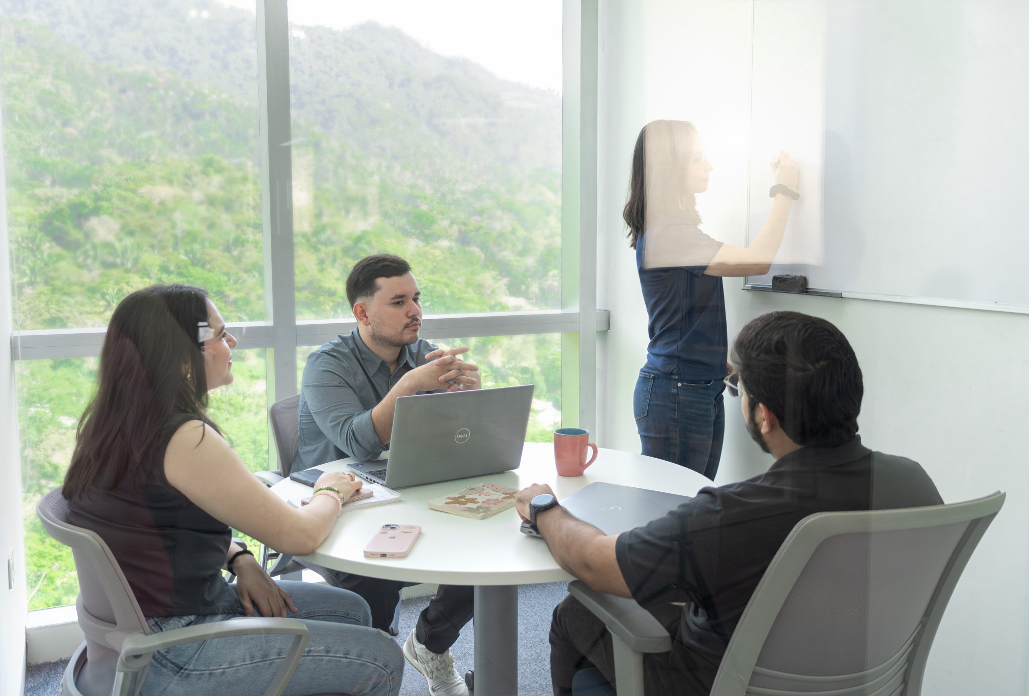 Four Work Ninjas colleagues in a glass-walled meeting room with a mountain view, one writing on a whiteboard